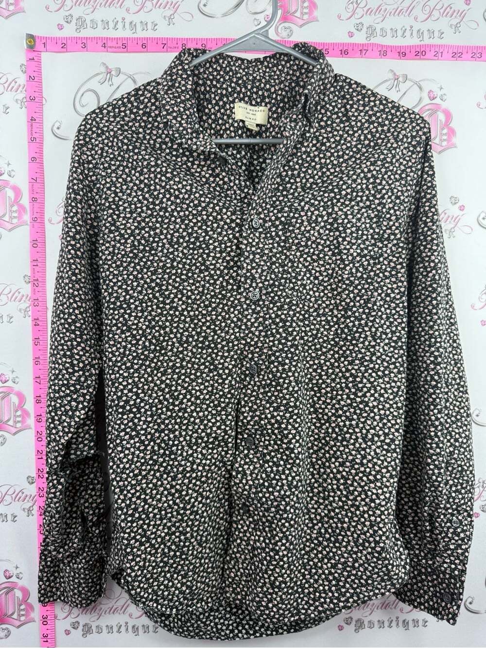 Club Monaco Black Button-Down Shirt with Small Cream Floral Print